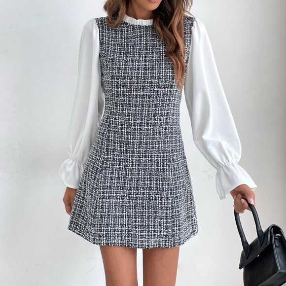 Black and White Elegant Women's Plaid Flounce Sleeve Frill Trim Tweed Dress - Picture 4 of 5